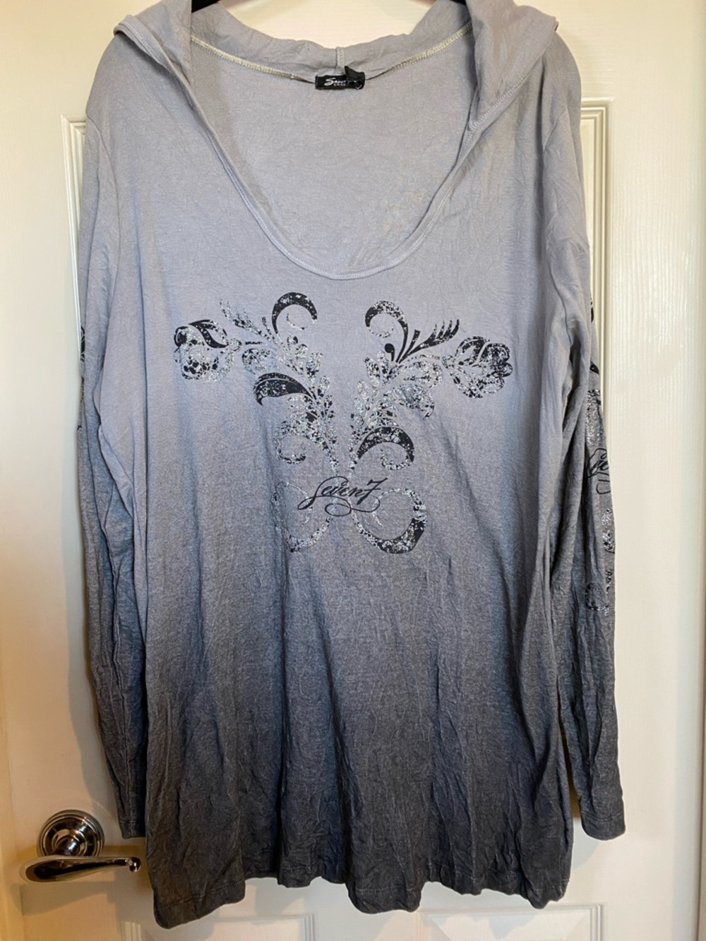 Seven7 Gray Ombre Hooded Long Sleeve Top with Floral Foil